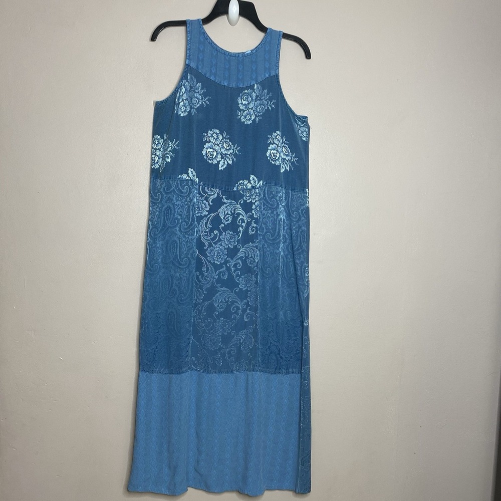 Vintage Citron Santa Monica Damask Maxi Dress Sleeveless Patchwork Blue Size M